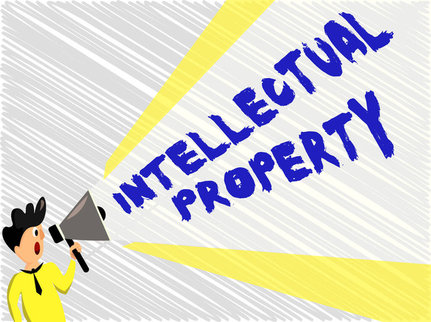 Word writing text Intellectual Property. Business concept for Protect from Unauthorized use Patented work or Idea Man Standing Talking Holding Megaphone with Extended Volume Pitch Power. - Photo, Image