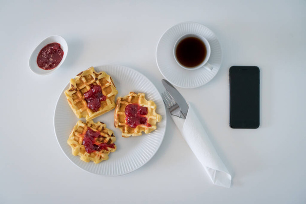 Flat lay breakfast of coffee on a white table - Foto, Imagen