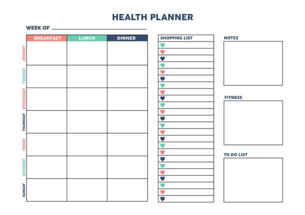 Planificador de salud para diario, organizador, cuaderno. Planificador A4 imprimible. Ilustración vectorial
.  - Vector, imagen
