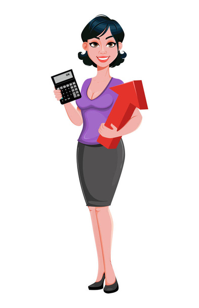Junge schöne Geschäftsfrau hält Taschenrechner und roten Pfeil in der Hand. Nette Geschäftsfrau Cartoon-Figur mit stilvollem Haarschnitt. Vektorabbildung auf weißem Hintergrund - Vektor, Bild