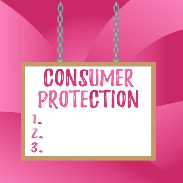 テキストの手書き消費者保護。コンセプトは、消費者の権利保護を確保するための公正取引法を意味しますホワイトボードの長方形フレーム空のスペース添付表面チェーンブランクパネル. - 写真・画像