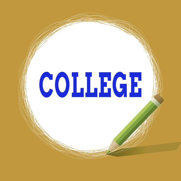 Conceptual hand writing showing College. Business photo showcasing educational institution or establishment providing higher education Scribbling of circular lines Using Pencil White Solid Circle. - Photo, Image