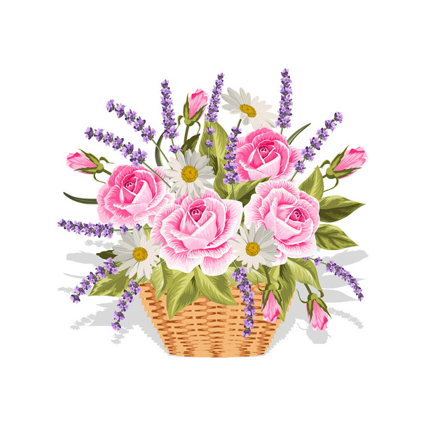 A basket full of flowers. Vector illustrtion on white background. - Вектор,изображение