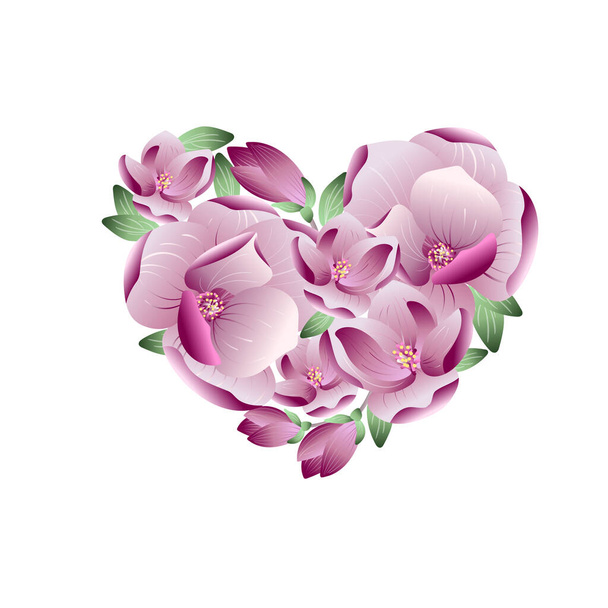 Vektor reális tavaszi háttér gyengéd szív szeretet magnólia virágok és szirmok. Valentine design üdvözlőlap, szerelem romantikus kártya elszigetelt fehér háttér - Vektor, kép
