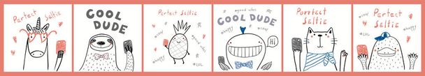 Collection of posters with cute funny cool hipster animals, pineapple, taking selfie, quotes isolated objects on white background. Scandinavian style flat design. Concept for children print. - Vector, Image
