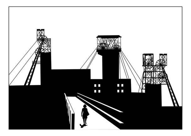 Vektorová silueta ženy kráčející po mostě v průmyslovém městě s hornickým rámem nad důlní šachtou. Koncept metalurgie - Vektor, obrázek