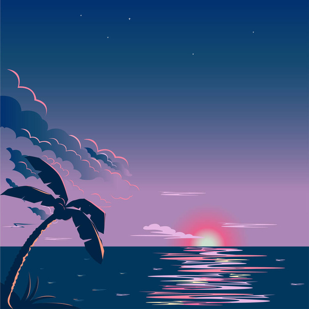  Tropischer Sonnenuntergang vor dem Hintergrund des Meeres und rosa Wolken. Vektorgrafik - Vektor, Bild