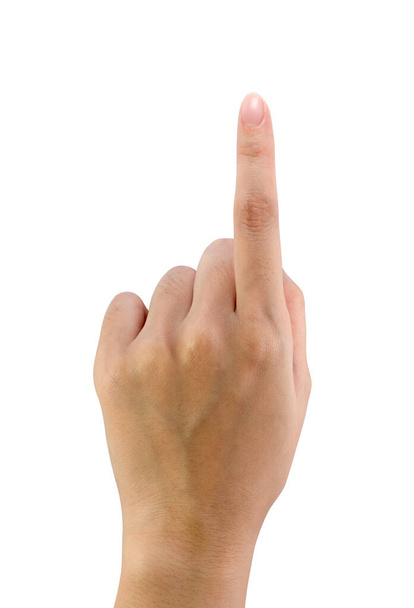 Dedo índice de la mano de la mujer que indica la dirección aislada sobre un fondo blanco con la trayectoria de recorte
 - Foto, Imagen