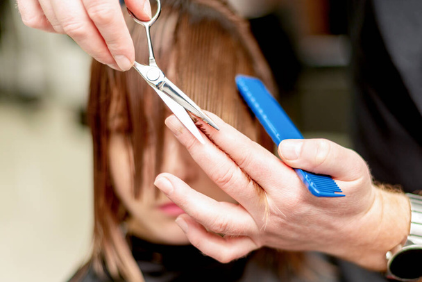 Hands of hairdresser cutting hair tips of woman in beauty salon. - Fotoğraf, Görsel