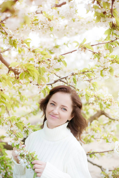 Mulher bonita com cabelo castanho em um suéter de malha branca na primavera em um jardim de cereja florescente. Natureza na primavera
 - Foto, Imagem