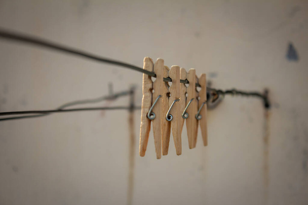 View of the wooden clips for holding clothes put for drying. - Fotografie, Obrázek