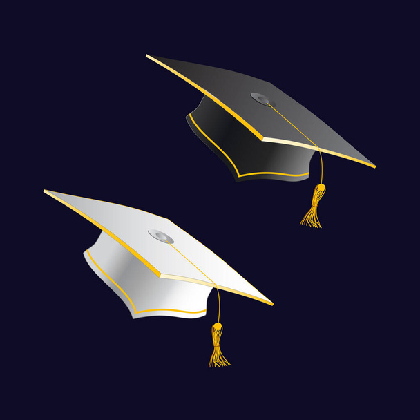 Μαύρα και άσπρα καπέλα. Καπέλο αποφοίτησης. Ακαδημαϊκό σύμβολο εορτασμού. Εκπαίδευση τετράγωνη στολή. Τζπεγκ - Φωτογραφία, εικόνα