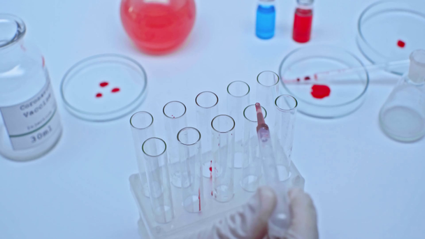 bijgesneden weergave van wetenschapper toevoegen van bloeddruppels in reageerbuizen - Video