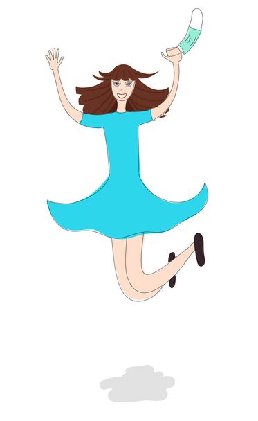 Happy girl jumping with a medical mask in her hand, quarantine is over. Vector illustration - Vector, Image
