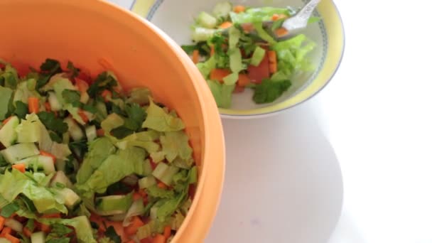 Cozinhe uma deliciosa salada de legumes, corte alimentos frescos e suculentos crus e misture, boa refeição vegetariana
 - Filmagem, Vídeo