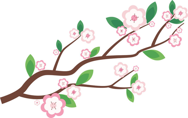 Vector illustration of spring bloom branch with pink flowers and leaves. isolated on white. - Vector, afbeelding