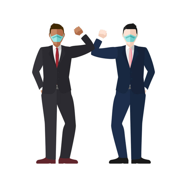 Elleboog bump begroeting concept vector van twee goed geklede zakenmannen dragen maskers met kopieerruimte voor COVID-19 coronavirus preventie - Vector, afbeelding