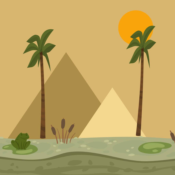 Egypt landscape, pyramid vector illustration. Africa nature, swamp with water lilies, frog, reeds. - ベクター画像