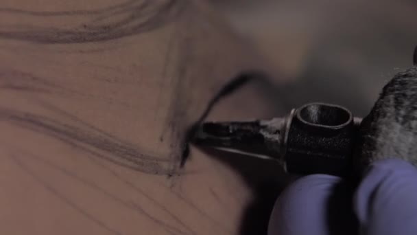 Tätowiermeister in blauen Handschuhen macht eine Tätowierung, Makroaufnahme, Zeitlupe - Filmmaterial, Video