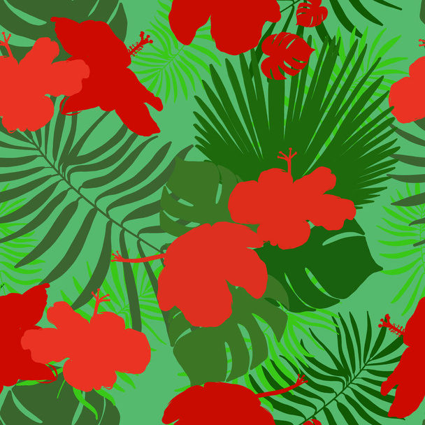 Ręcznie rysowane hibiskus, tropikalne liście czerwony i zielony kolorowy bezszwowy czas letni dla projektu tkaniny wzór wektor tło - Wektor, obraz