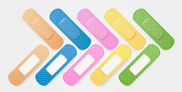 Set of colored medical plasters. Realistic oblong plaster in blue, yellow, pink, green color. Adhesive patch. First aid bright sticker kit. Sticky protective band. Vector illustration - Vettoriali, immagini
