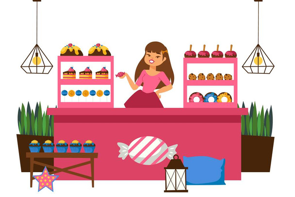 Chica detrás del contador vendiendo dulces, ilustración vectorial. Cupcake, pastel, manzana horneada y donas se encuentran en la vitrina para la venta. Mujer.
 - Vector, Imagen