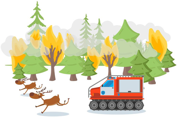 Environmental pollution tracked result, vector illustration. Wildfire, forest trees in flame, character animals run away to escape - Vector, Image