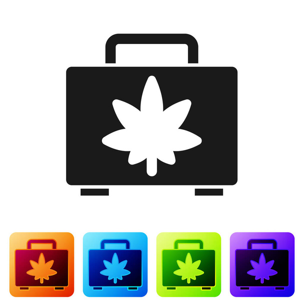 Zwarte Shopping box met medicinale marihuana of cannabis blad icoon geïsoleerd op witte achtergrond. Wiet kopen. Hennep symbool. Stel pictogrammen in kleur vierkante knoppen. Vector Illustratie - Vector, afbeelding