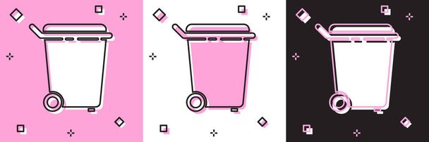 Definir ícone da lata de lixo isolado em rosa e branco, fundo preto. Sinal de lixeira. Ícone da cesta de reciclagem. Ícone de lixo do escritório. Ilustração vetorial - Vetor, Imagem