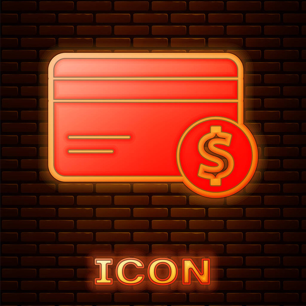 Ragyogó neon Hitelkártya és dollár szimbólum ikon elszigetelt téglafal háttér. Online fizetés. Készpénzfelvétel. Pénzügyi műveletek. Vektorillusztráció - Vektor, kép