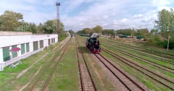 steam locomotive. ostashkov railway station. aerial 201982413594420 3 cc - Footage, Video