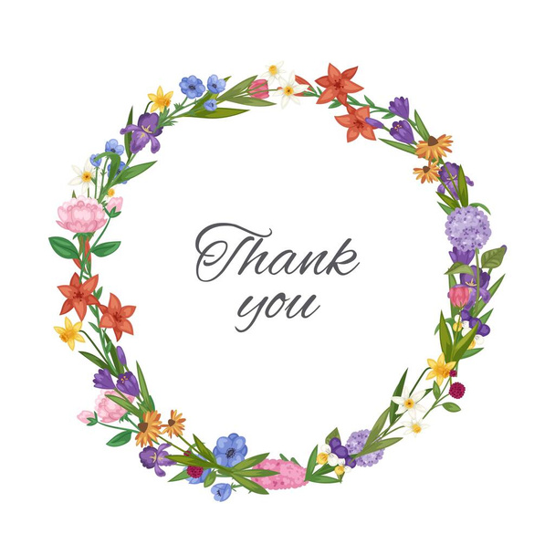 Thank you spring flowers wreath, floral card with garden botanical wreath vector illustration. - Vector, Imagen