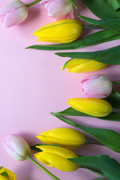 Rosa und gelbe Tulpen auf grünem Hintergrund. Blumen sind ein gutes Geschenk für eine geliebte Frau und Mutter. Eine Nahaufnahme. Zartes Bukett. - Foto, Bild