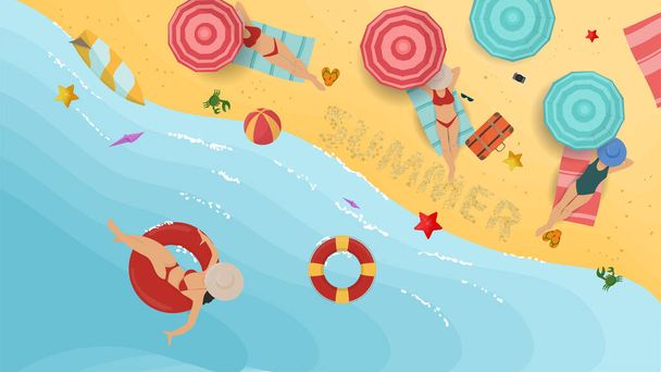 баннер летний отдых на пляже, девушки в купальниках, лежат загорать под зонтиком и в воде на надувном круге, на пляже, для дизайна, плоские векторные иллюстрации
 - Вектор,изображение
