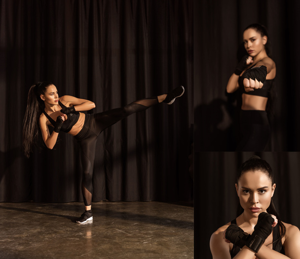 Collage einer Sportlerin in Kampfposition, die mit dem Bein tritt und auf schwarz schlägt - Foto, Bild