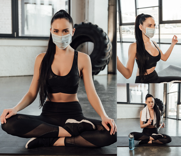 Kollázs sportnő orvosi maszk és lótuszpozíció meditáló és kézi fertőtlenítő fitness szőnyeg tornaterem - Fotó, kép