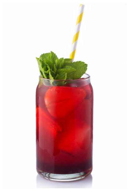 Strawberry fruit alcohol cocktail (Mojito) isolated on white - Photo, Image