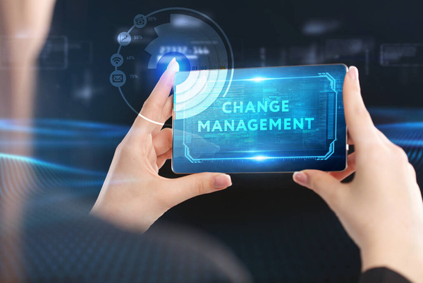 Business, Technology, Internet and network concept. Young businessman working on a virtual screen of the future and sees the inscription: Change management - Photo, image