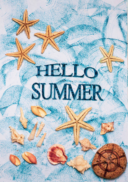 Hello summer background with starfish seasonal symbols flat lay background, summer vacation season abstract
 - Фото, изображение
