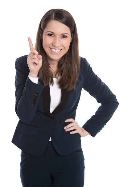 Happy business woman is pointing with forefinger isolated on whi - Fotó, kép