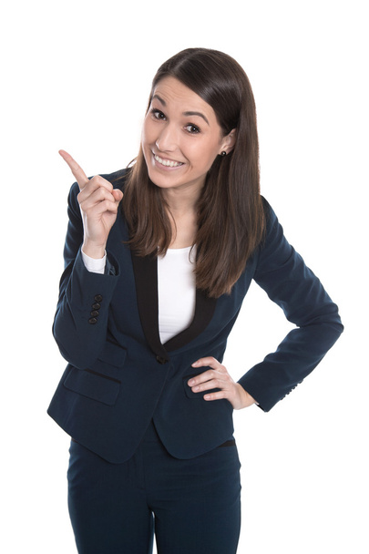 Happy business woman is pointing with forefinger isolated on whi - Zdjęcie, obraz