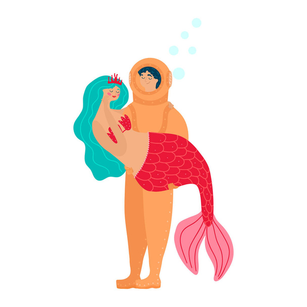 Cartoon deep sea diver holds on hands beauty mermaid in ocean enjoy spending time together isolated on white vector, illustration - Vetor, Imagem