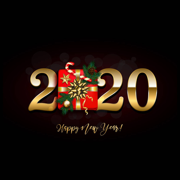 Feliz Año Nuevo 2020 con regalo, rama de pino, sobre fondo bokeh oscuro. Ilustración vectorial
 - Vector, Imagen
