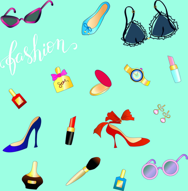 Seamless pattern of girl stuff woman things fashion vector object icon set on blue background. Hand drawn vector illustration - Vector, Image