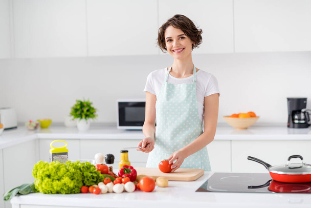 Photo of housewife attractive chef lady arms holding tomato cutting knife enjoy morning cooking tasty dinner family meeting wear apron t-shirt stand modern kitchen indoors - Foto, afbeelding