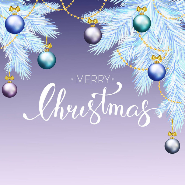 クリスマスツリーの枝とクリスマスグリーティングカードのベクトルイラスト,手のレタリングと光紫の背景にあなたのテキストのための場所 - ベクター画像