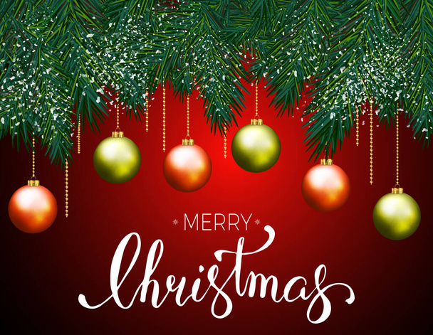 Vektor-Illustration von Weihnachtsgrußkarte mit Weihnachtskugeln hängen an einem Ast des Baumes mit Handschrift auf dunkelrotem Hintergrund - Vektor, Bild