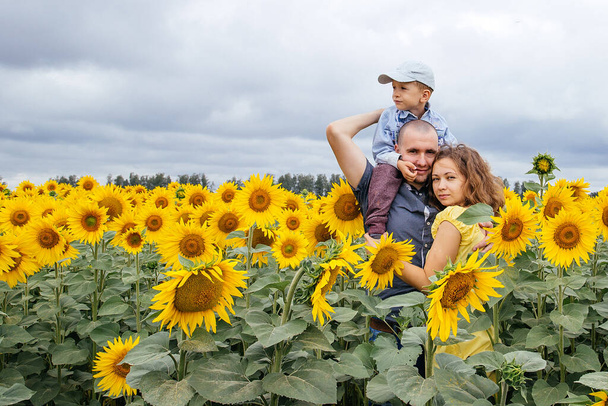 A young family of 3 people walking in a field of sunflowers. Rural area, Russia. - Fotografie, Obrázek
