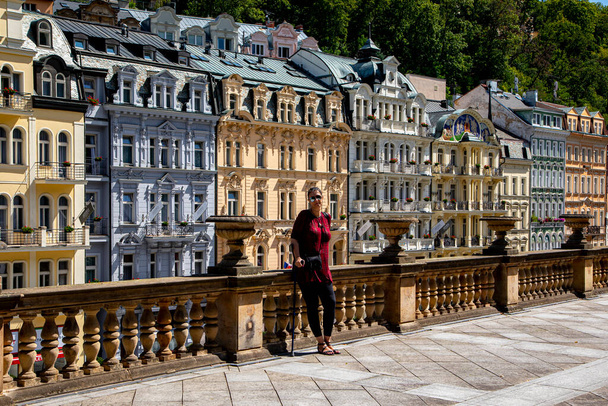 Karlovy Vary, Czech Republic Aug 24, 2019: Famous city in western Bohemia. Not just the architecture but also the health spas of the city.  - Фото, изображение