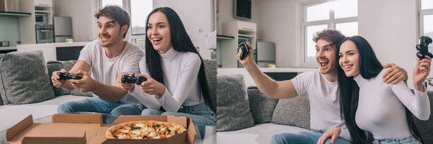 KYIV, UKRAINE - APRIL 16, 2020: collage met mooi koppel pizza eten en videospel spelen met joysticks tijdens zelfisolatie thuis, website header - Foto, afbeelding